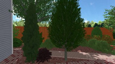 Memleketin peyzaj tasarımının 3 boyutlu görüntüsü. Bölgenin peyzajı. Birleşik peyzaj ve peyzaj çözümlerinin bilgisayar görselleştirmesi.