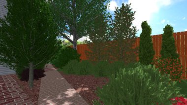 Memleketin peyzaj tasarımının 3 boyutlu görüntüsü. Bölgenin peyzajı. Birleşik peyzaj ve peyzaj çözümlerinin bilgisayar görselleştirmesi.