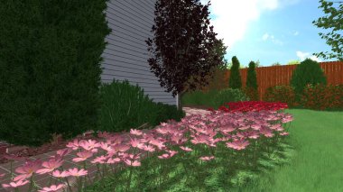 Memleketin peyzaj tasarımının 3 boyutlu görüntüsü. Bölgenin peyzajı. Birleşik peyzaj ve peyzaj çözümlerinin bilgisayar görselleştirmesi.