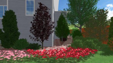 Memleketin peyzaj tasarımının 3 boyutlu görüntüsü. Bölgenin peyzajı. Birleşik peyzaj ve peyzaj çözümlerinin bilgisayar görselleştirmesi.