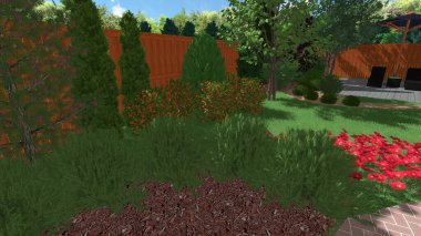 Memleketin peyzaj tasarımının 3 boyutlu görüntüsü. Bölgenin peyzajı. Birleşik peyzaj ve peyzaj çözümlerinin bilgisayar görselleştirmesi.