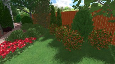 Memleketin peyzaj tasarımının 3 boyutlu görüntüsü. Bölgenin peyzajı. Birleşik peyzaj ve peyzaj çözümlerinin bilgisayar görselleştirmesi.