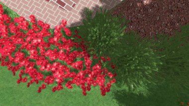 Memleketin peyzaj tasarımının 3 boyutlu görüntüsü. Bölgenin peyzajı. Birleşik peyzaj ve peyzaj çözümlerinin bilgisayar görselleştirmesi.