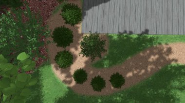 Memleketin peyzaj tasarımının 3 boyutlu görüntüsü. Bölgenin peyzajı. Birleşik peyzaj ve peyzaj çözümlerinin bilgisayar görselleştirmesi.