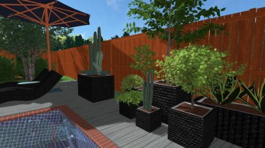 Memleketin peyzaj tasarımının 3 boyutlu görüntüsü. Bölgenin peyzajı. Birleşik peyzaj ve peyzaj çözümlerinin bilgisayar görselleştirmesi.