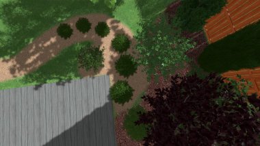 Memleketin peyzaj tasarımının 3 boyutlu görüntüsü. Bölgenin peyzajı. Birleşik peyzaj ve peyzaj çözümlerinin bilgisayar görselleştirmesi.