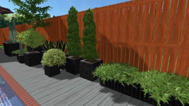 Memleketin peyzaj tasarımının 3 boyutlu görüntüsü. Bölgenin peyzajı. Birleşik peyzaj ve peyzaj çözümlerinin bilgisayar görselleştirmesi.