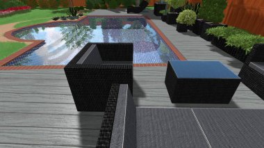 Memleketin peyzaj tasarımının 3 boyutlu görüntüsü. Bölgenin peyzajı. Birleşik peyzaj ve peyzaj çözümlerinin bilgisayar görselleştirmesi.