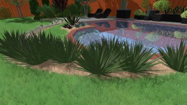 Memleketin peyzaj tasarımının 3 boyutlu görüntüsü. Bölgenin peyzajı. Birleşik peyzaj ve peyzaj çözümlerinin bilgisayar görselleştirmesi.