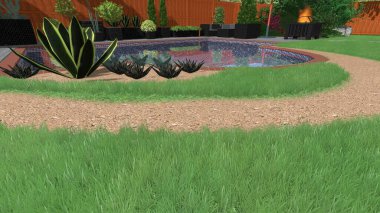 Memleketin peyzaj tasarımının 3 boyutlu görüntüsü. Bölgenin peyzajı. Birleşik peyzaj ve peyzaj çözümlerinin bilgisayar görselleştirmesi.