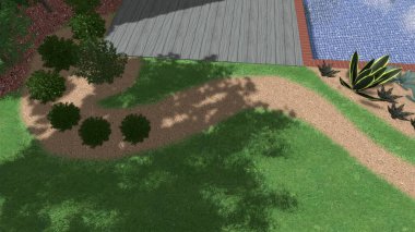 Memleketin peyzaj tasarımının 3 boyutlu görüntüsü. Bölgenin peyzajı. Birleşik peyzaj ve peyzaj çözümlerinin bilgisayar görselleştirmesi.