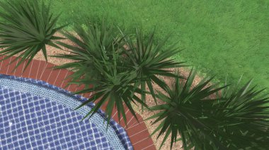 Memleketin peyzaj tasarımının 3 boyutlu görüntüsü. Bölgenin peyzajı. Birleşik peyzaj ve peyzaj çözümlerinin bilgisayar görselleştirmesi.