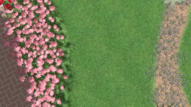 Memleketin peyzaj tasarımının 3 boyutlu görüntüsü. Bölgenin peyzajı. Birleşik peyzaj ve peyzaj çözümlerinin bilgisayar görselleştirmesi.