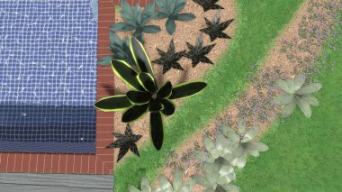 Memleketin peyzaj tasarımının 3 boyutlu görüntüsü. Bölgenin peyzajı. Birleşik peyzaj ve peyzaj çözümlerinin bilgisayar görselleştirmesi.