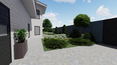 Memleketin peyzaj tasarımının 3 boyutlu görüntüsü. Bölgenin peyzajı. Birleşik peyzaj ve peyzaj çözümlerinin bilgisayar görselleştirmesi.