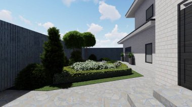 Memleketin peyzaj tasarımının 3 boyutlu görüntüsü. Bölgenin peyzajı. Birleşik peyzaj ve peyzaj çözümlerinin bilgisayar görselleştirmesi.