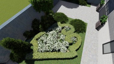 Memleketin peyzaj tasarımının 3 boyutlu görüntüsü. Bölgenin peyzajı. Birleşik peyzaj ve peyzaj çözümlerinin bilgisayar görselleştirmesi.