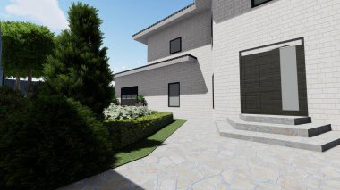 Memleketin peyzaj tasarımının 3 boyutlu görüntüsü. Bölgenin peyzajı. Birleşik peyzaj ve peyzaj çözümlerinin bilgisayar görselleştirmesi.