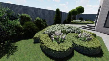 Memleketin peyzaj tasarımının 3 boyutlu görüntüsü. Bölgenin peyzajı. Birleşik peyzaj ve peyzaj çözümlerinin bilgisayar görselleştirmesi.