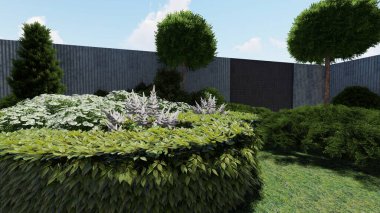 Memleketin peyzaj tasarımının 3 boyutlu görüntüsü. Bölgenin peyzajı. Birleşik peyzaj ve peyzaj çözümlerinin bilgisayar görselleştirmesi.