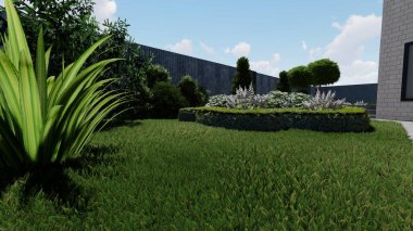 Memleketin peyzaj tasarımının 3 boyutlu görüntüsü. Bölgenin peyzajı. Birleşik peyzaj ve peyzaj çözümlerinin bilgisayar görselleştirmesi.