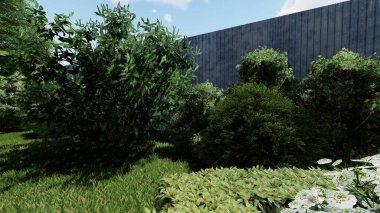 Memleketin peyzaj tasarımının 3 boyutlu görüntüsü. Bölgenin peyzajı. Birleşik peyzaj ve peyzaj çözümlerinin bilgisayar görselleştirmesi.