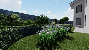 Memleketin peyzaj tasarımının 3 boyutlu görüntüsü. Bölgenin peyzajı. Birleşik peyzaj ve peyzaj çözümlerinin bilgisayar görselleştirmesi.