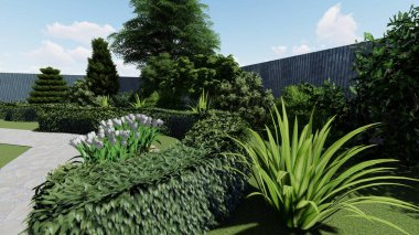 Memleketin peyzaj tasarımının 3 boyutlu görüntüsü. Bölgenin peyzajı. Birleşik peyzaj ve peyzaj çözümlerinin bilgisayar görselleştirmesi.