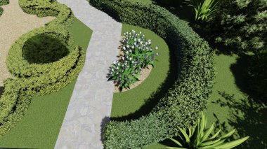 Memleketin peyzaj tasarımının 3 boyutlu görüntüsü. Bölgenin peyzajı. Birleşik peyzaj ve peyzaj çözümlerinin bilgisayar görselleştirmesi.