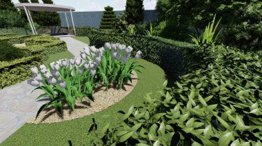 Memleketin peyzaj tasarımının 3 boyutlu görüntüsü. Bölgenin peyzajı. Birleşik peyzaj ve peyzaj çözümlerinin bilgisayar görselleştirmesi.