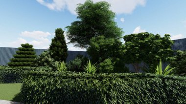 Memleketin peyzaj tasarımının 3 boyutlu görüntüsü. Bölgenin peyzajı. Birleşik peyzaj ve peyzaj çözümlerinin bilgisayar görselleştirmesi.