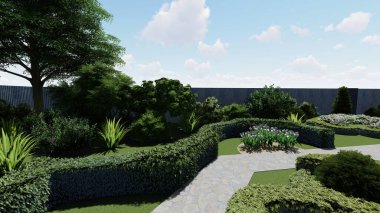 Memleketin peyzaj tasarımının 3 boyutlu görüntüsü. Bölgenin peyzajı. Birleşik peyzaj ve peyzaj çözümlerinin bilgisayar görselleştirmesi.