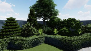 Memleketin peyzaj tasarımının 3 boyutlu görüntüsü. Bölgenin peyzajı. Birleşik peyzaj ve peyzaj çözümlerinin bilgisayar görselleştirmesi.