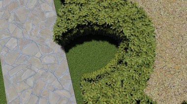 Memleketin peyzaj tasarımının 3 boyutlu görüntüsü. Bölgenin peyzajı. Birleşik peyzaj ve peyzaj çözümlerinin bilgisayar görselleştirmesi.