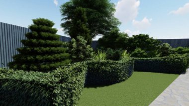 Memleketin peyzaj tasarımının 3 boyutlu görüntüsü. Bölgenin peyzajı. Birleşik peyzaj ve peyzaj çözümlerinin bilgisayar görselleştirmesi.