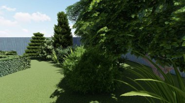 Memleketin peyzaj tasarımının 3 boyutlu görüntüsü. Bölgenin peyzajı. Birleşik peyzaj ve peyzaj çözümlerinin bilgisayar görselleştirmesi.