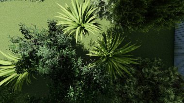 Memleketin peyzaj tasarımının 3 boyutlu görüntüsü. Bölgenin peyzajı. Birleşik peyzaj ve peyzaj çözümlerinin bilgisayar görselleştirmesi.