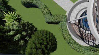 Memleketin peyzaj tasarımının 3 boyutlu görüntüsü. Bölgenin peyzajı. Birleşik peyzaj ve peyzaj çözümlerinin bilgisayar görselleştirmesi.