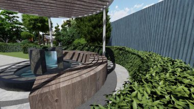 Memleketin peyzaj tasarımının 3 boyutlu görüntüsü. Bölgenin peyzajı. Birleşik peyzaj ve peyzaj çözümlerinin bilgisayar görselleştirmesi.