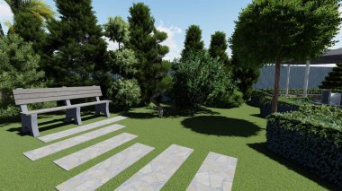 Memleketin peyzaj tasarımının 3 boyutlu görüntüsü. Bölgenin peyzajı. Birleşik peyzaj ve peyzaj çözümlerinin bilgisayar görselleştirmesi.