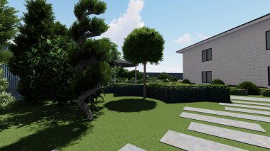 Memleketin peyzaj tasarımının 3 boyutlu görüntüsü. Bölgenin peyzajı. Birleşik peyzaj ve peyzaj çözümlerinin bilgisayar görselleştirmesi.