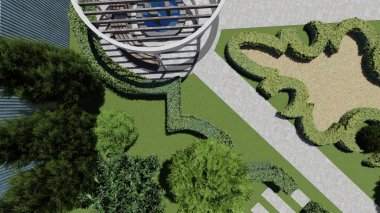 Memleketin peyzaj tasarımının 3 boyutlu görüntüsü. Bölgenin peyzajı. Birleşik peyzaj ve peyzaj çözümlerinin bilgisayar görselleştirmesi.