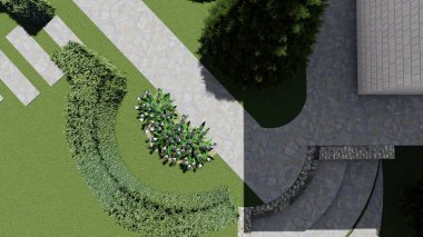 Memleketin peyzaj tasarımının 3 boyutlu görüntüsü. Bölgenin peyzajı. Birleşik peyzaj ve peyzaj çözümlerinin bilgisayar görselleştirmesi.