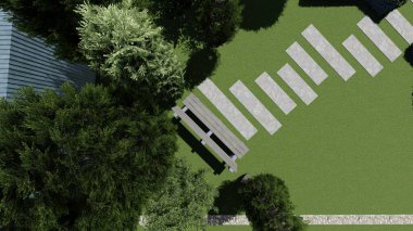 Memleketin peyzaj tasarımının 3 boyutlu görüntüsü. Bölgenin peyzajı. Birleşik peyzaj ve peyzaj çözümlerinin bilgisayar görselleştirmesi.