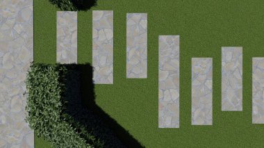 Memleketin peyzaj tasarımının 3 boyutlu görüntüsü. Bölgenin peyzajı. Birleşik peyzaj ve peyzaj çözümlerinin bilgisayar görselleştirmesi.