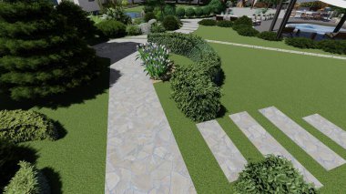 Memleketin peyzaj tasarımının 3 boyutlu görüntüsü. Bölgenin peyzajı. Birleşik peyzaj ve peyzaj çözümlerinin bilgisayar görselleştirmesi.