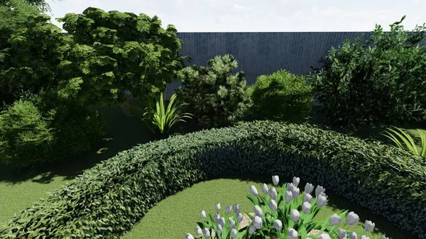 Memleketin peyzaj tasarımının 3 boyutlu görüntüsü. Bölgenin peyzajı. Birleşik peyzaj ve peyzaj çözümlerinin bilgisayar görselleştirmesi.