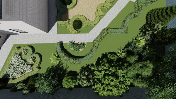 Memleketin peyzaj tasarımının 3 boyutlu görüntüsü. Bölgenin peyzajı. Birleşik peyzaj ve peyzaj çözümlerinin bilgisayar görselleştirmesi.