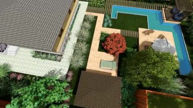 Şehir bahçesinin peyzaj tasarımının panoramik videosu. Park manzarasının avantajlı bir noktasından panoramik manzara.