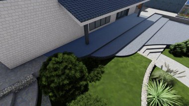 Memleketin peyzaj tasarımının 3 boyutlu görüntüsü. Bölgenin peyzajı. Birleşik peyzaj ve peyzaj çözümlerinin bilgisayar görselleştirmesi.